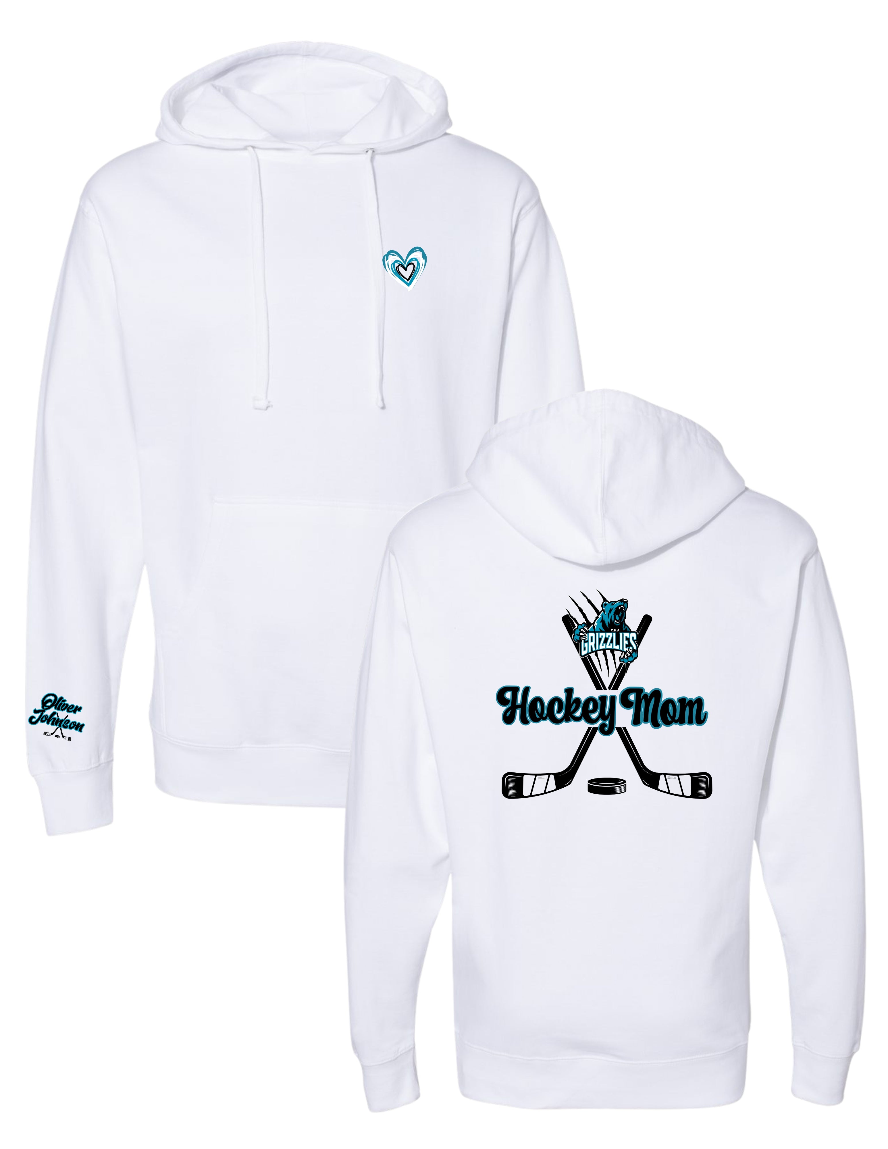 GRIZZLIES ADULT HEART HOCKEY MOM CUSTOM HOODIE-3 LOCATIONS