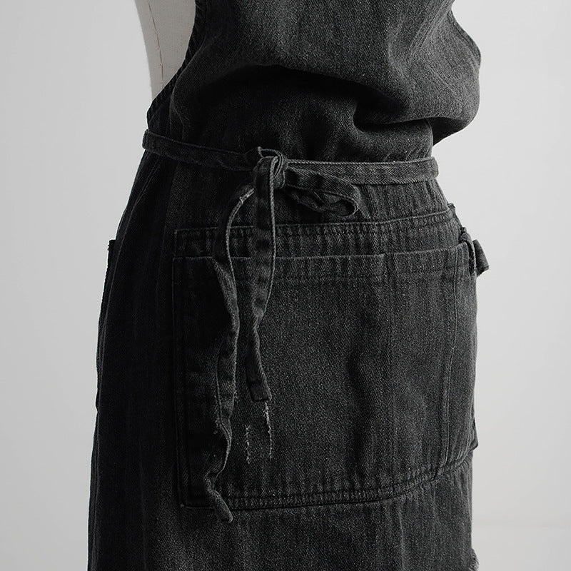 WASHED DISTRESSED DENIM APRON