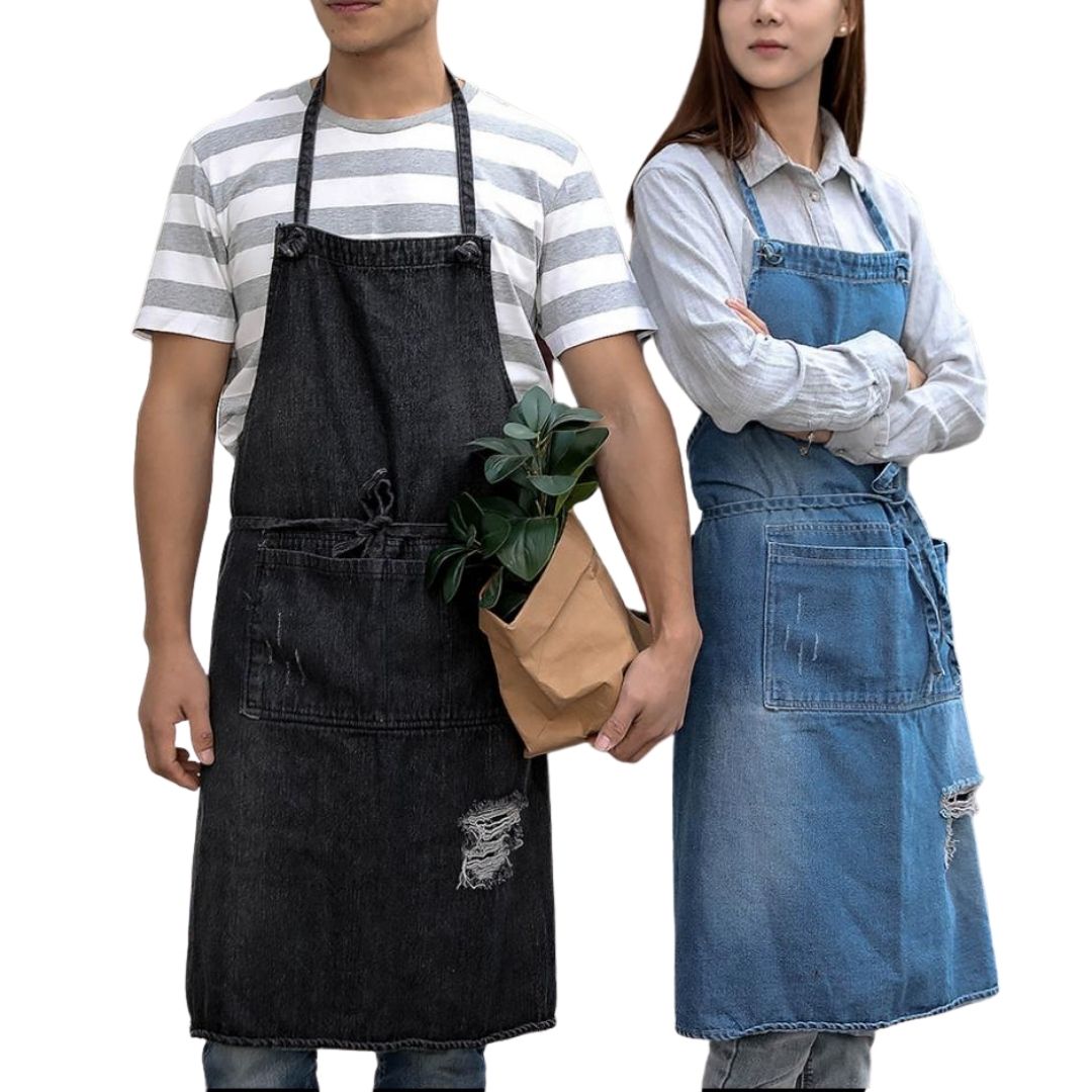 WASHED DISTRESSED DENIM APRON